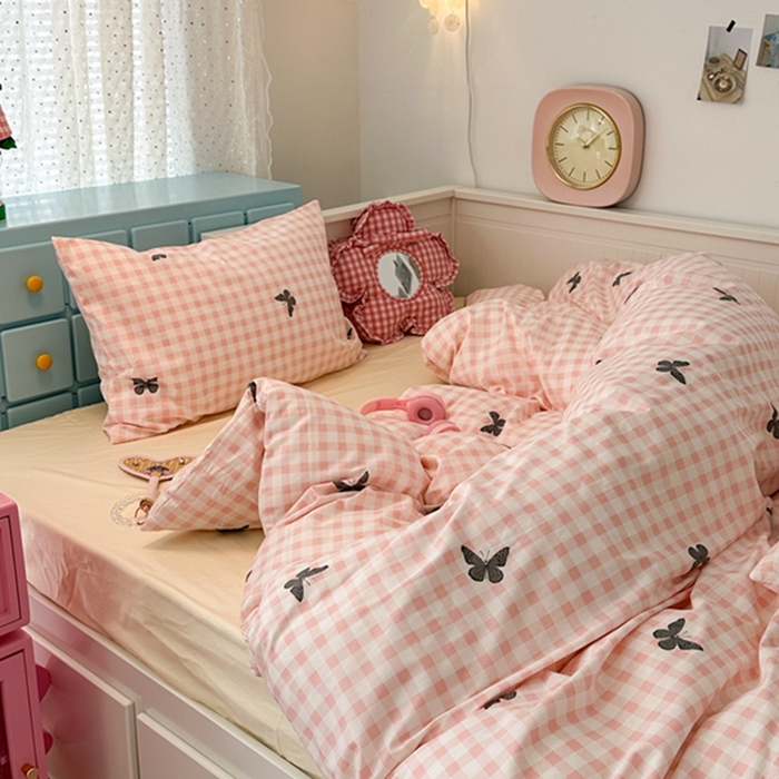 91家纺网 家纺一手货源 找家纺 昔可 2024新款全棉蝴蝶印花系列四件套 粉格蝴蝶