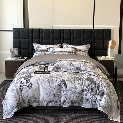 91家纺网 家纺一手货源 找家纺 东方名伶 2024新款50S全棉数码印花长绒棉四件套 境玉森林-黑