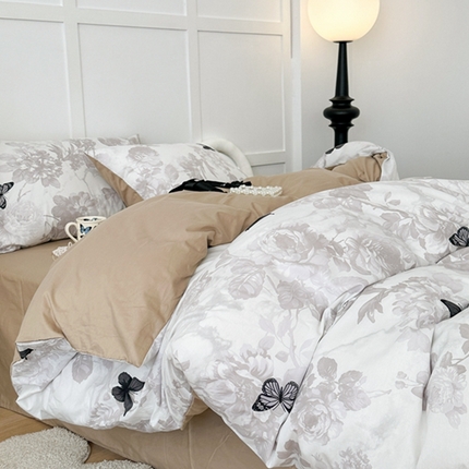 91家纺网 家纺一手货源 找家纺 昔可 2024新款全棉蝴蝶印花系列四件套 水墨花黑蝴蝶