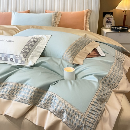 91家纺网 家纺一手货源 找家纺  60支贡缎长绒棉四件套2023新款全棉纯棉千鸟格刺绣床单被套新疆棉100支床上用品床笠款 千鸟格-繁星蓝