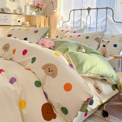 名兮 2024新款全棉亲肤印花四件套 波点小熊