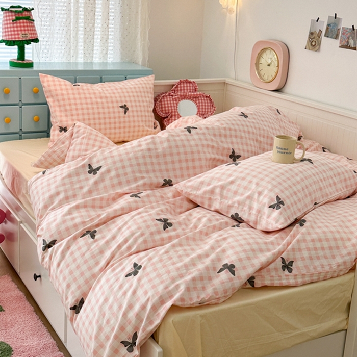 91家纺网 家纺一手货源 找家纺 昔可 2024新款全棉蝴蝶印花系列四件套 粉格蝴蝶