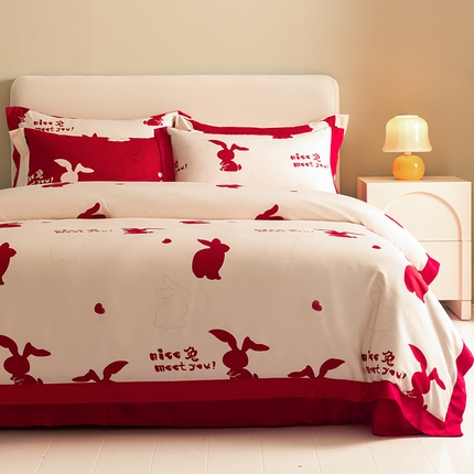  【婚嫁新品】100支长绒棉四件套全棉纯棉北欧风印花床上用品轻奢风床笠款 nice兔 新妍玉