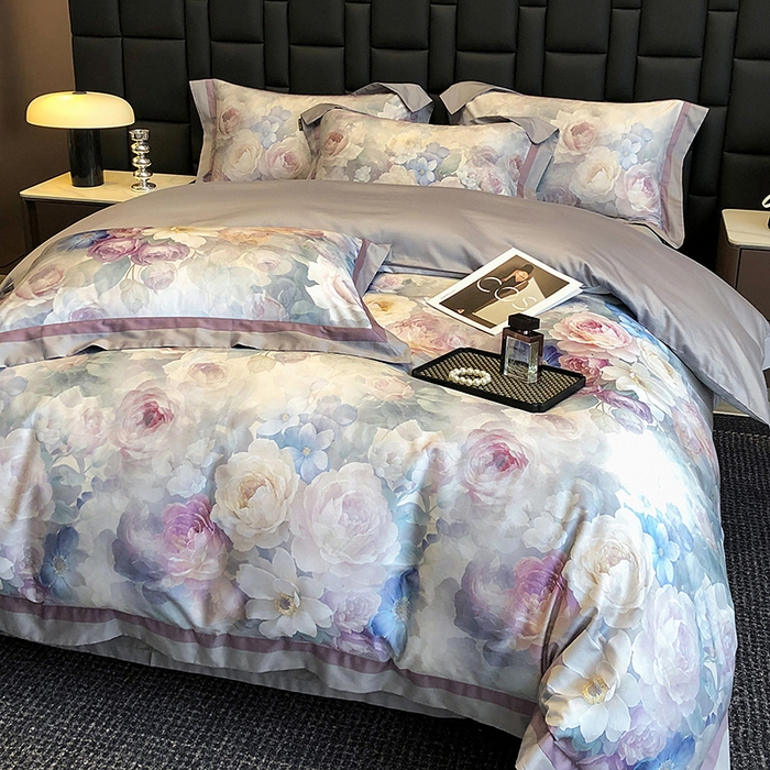 91家纺网 家纺一手货源 找家纺 东方名伶 2024新款50S全棉数码印花长绒棉四件套 玫瑰物语-紫