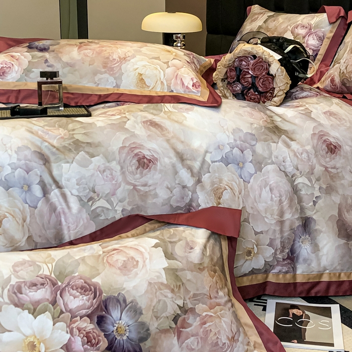 91家纺网 家纺一手货源 找家纺 东方名伶 2024新款50S全棉数码印花长绒棉四件套 玫瑰物语-红