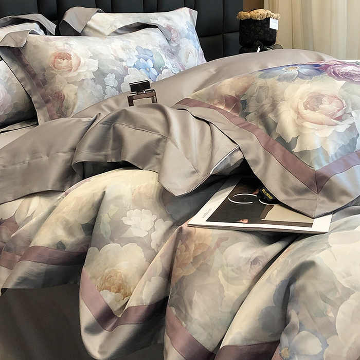 91家纺网 家纺一手货源 找家纺 东方名伶 2024新款50S全棉数码印花长绒棉四件套 玫瑰物语-紫