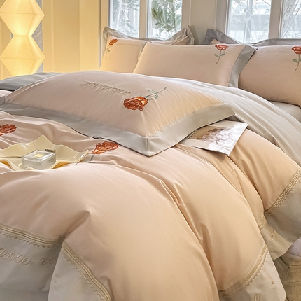 91家纺网 家纺一手货源 找家纺  【主播甄选】100支新疆长绒棉四件套全棉纯棉床单被套玫瑰花床笠款轻奢风床上用品 假日玫瑰-冰桃粉