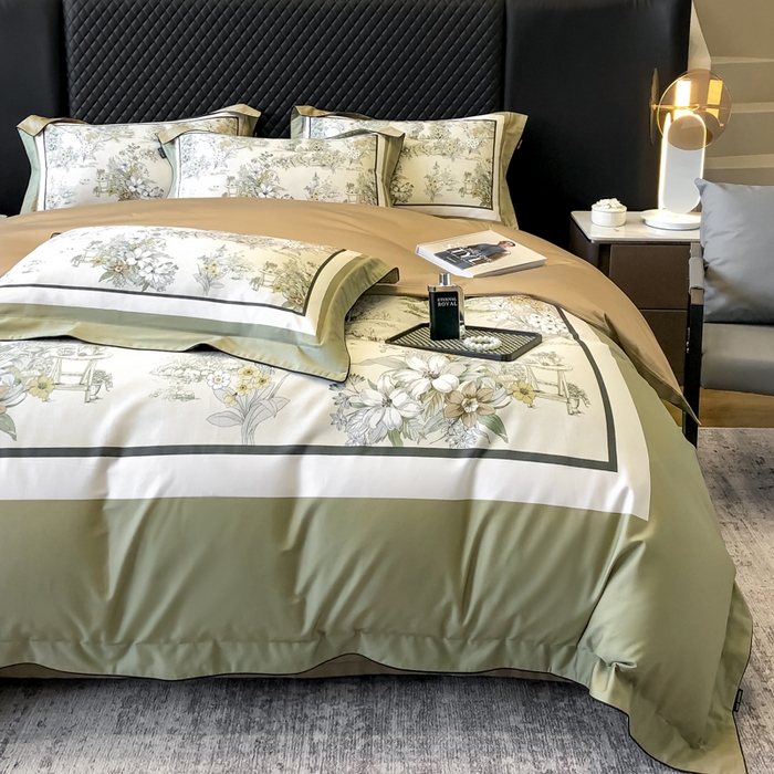 91家纺网 家纺一手货源 找家纺 东方名伶 2024新款50S全棉数码印花长绒棉四件套 浮生若梦-绿