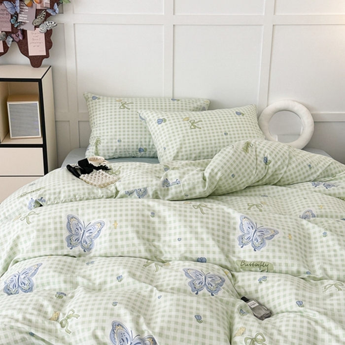 91家纺网 家纺一手货源 找家纺 昔可 2024新款全棉蝴蝶印花系列四件套 绿格琉璃蝴蝶