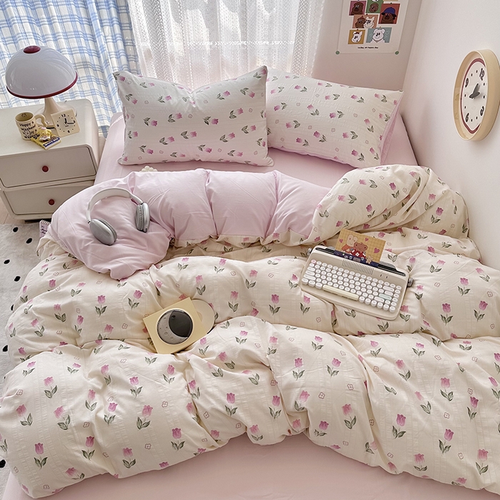 91家纺网 家纺一手货源 找家纺 希丞家居 2024新款小清新高克重提花水洗棉四件套（提供买家秀） 郁金香