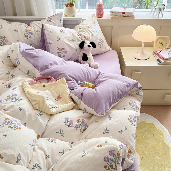 91家纺网 家纺一手货源 找家纺 沐芷 2024微皱超柔手感105g印花水洗棉四件套床上宿舍三件套床单被套 小花园