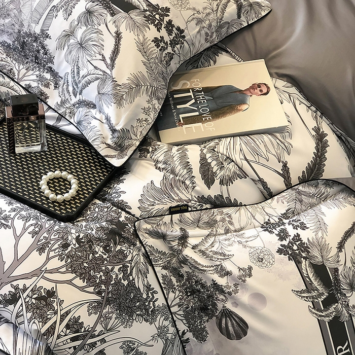 91家纺网 家纺一手货源 找家纺 东方名伶 2024新款50S全棉数码印花长绒棉四件套 境玉森林-黑