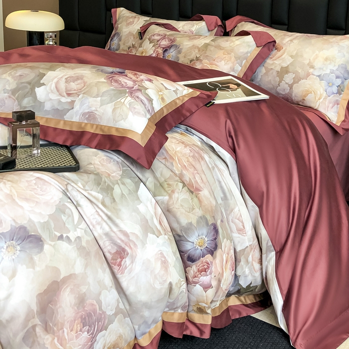 91家纺网 家纺一手货源 找家纺 东方名伶 2024新款50S全棉数码印花长绒棉四件套 玫瑰物语-红