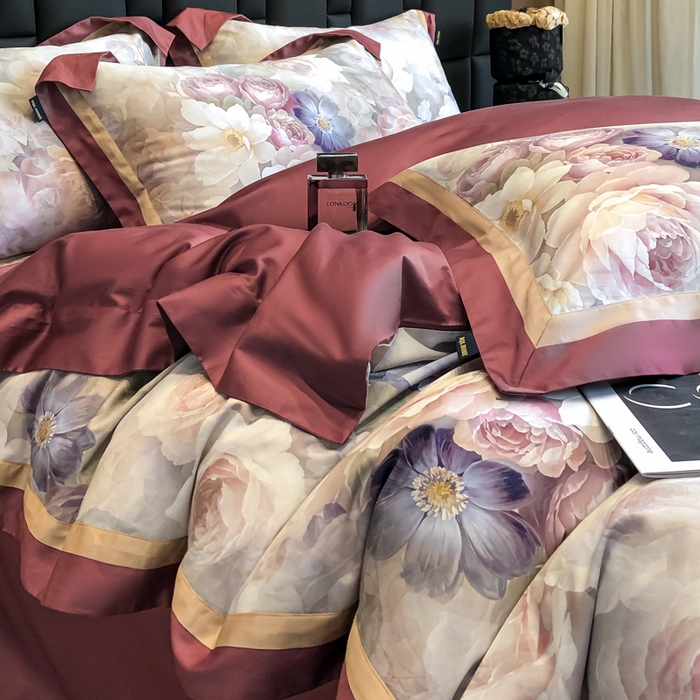 91家纺网 家纺一手货源 找家纺 东方名伶 2024新款50S全棉数码印花长绒棉四件套 玫瑰物语-红