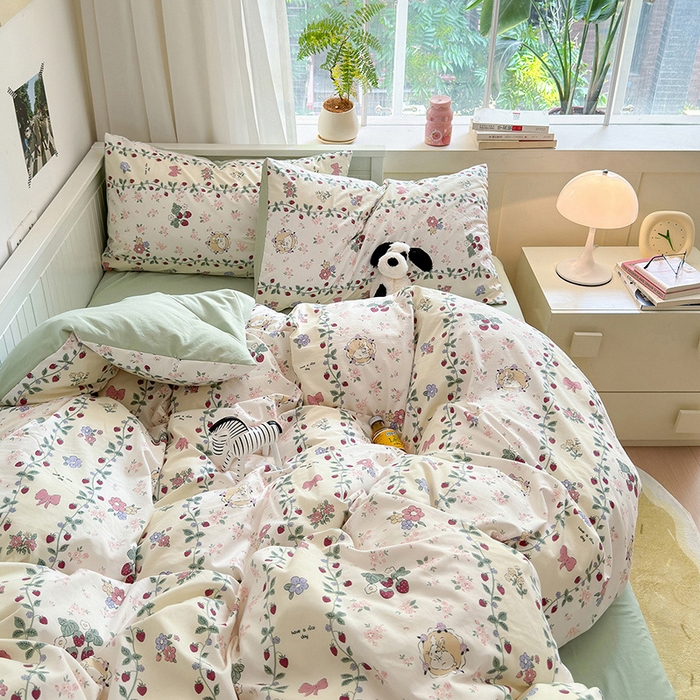 91家纺网 家纺一手货源 找家纺 沐芷 2024微皱超柔手感105g印花水洗棉四件套床上宿舍三件套床单被套 奶味圆饼