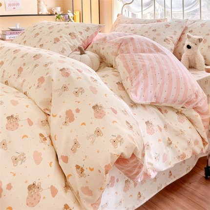 名兮 2024新款全棉亲肤印花四件套 彩虹小熊