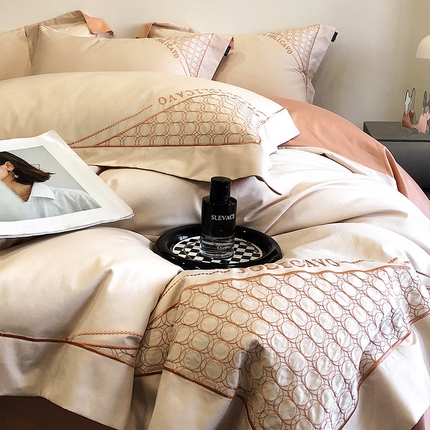  【高奢定制】100支新疆贡缎长绒棉重工刺绣轻奢酒店风床单床笠床盖款春夏季床上用品 圣卡洛-薄暮金