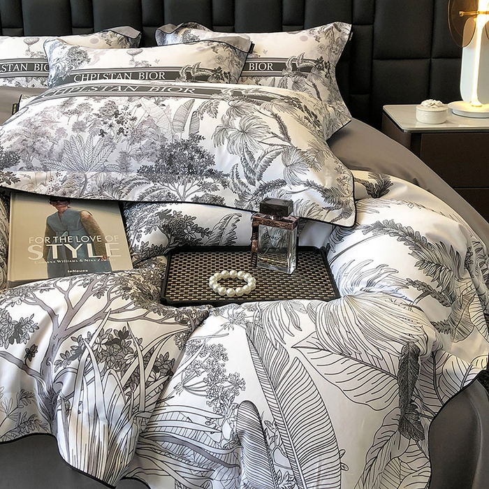 91家纺网 家纺一手货源 找家纺 东方名伶 2024新款50S全棉数码印花长绒棉四件套 境玉森林-黑