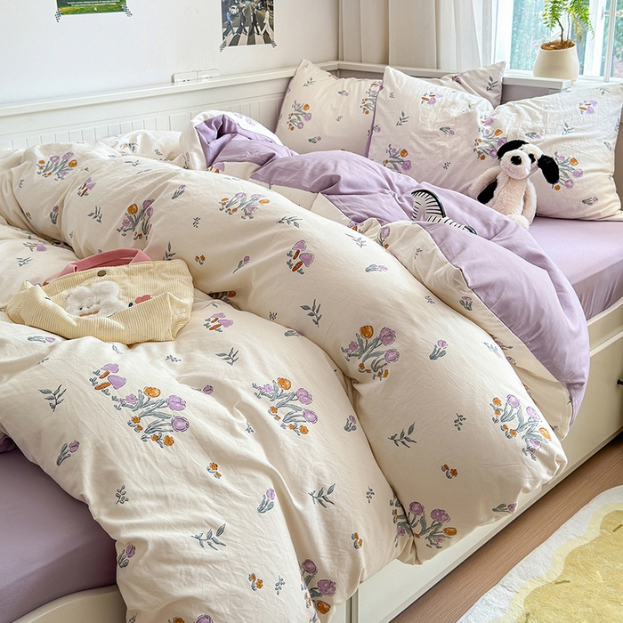 91家纺网 家纺一手货源 找家纺 沐芷 2024微皱超柔手感105g印花水洗棉四件套床上宿舍三件套床单被套 小花园