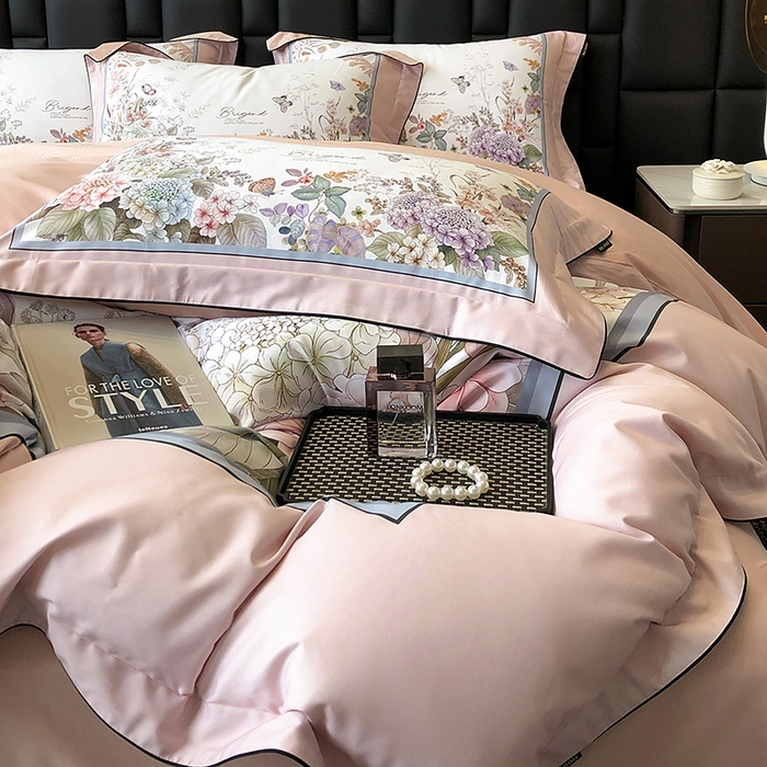 91家纺网 家纺一手货源 找家纺 东方名伶 2024新款50S全棉数码印花长绒棉四件套 静若幽兰-粉