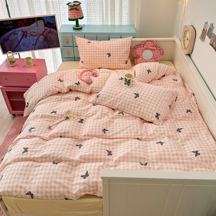 91家纺网 家纺一手货源 找家纺 昔可 2024新款全棉蝴蝶印花系列四件套 粉格蝴蝶