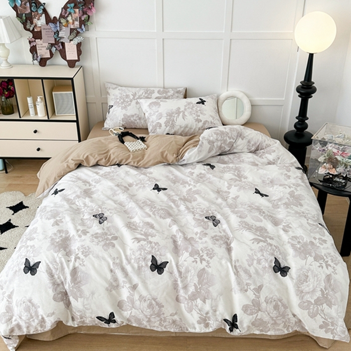 91家纺网 家纺一手货源 找家纺 昔可 2024新款全棉蝴蝶印花系列四件套 水墨花黑蝴蝶