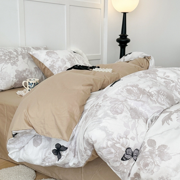 91家纺网 家纺一手货源 找家纺 昔可 2024新款全棉蝴蝶印花系列四件套 水墨花黑蝴蝶