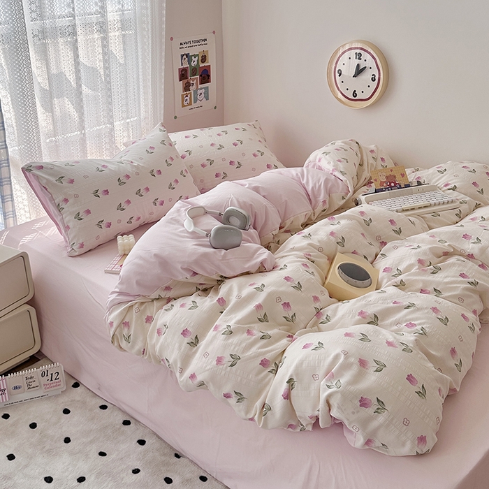 91家纺网 家纺一手货源 找家纺 希丞家居 2024新款小清新高克重提花水洗棉四件套（提供买家秀） 郁金香