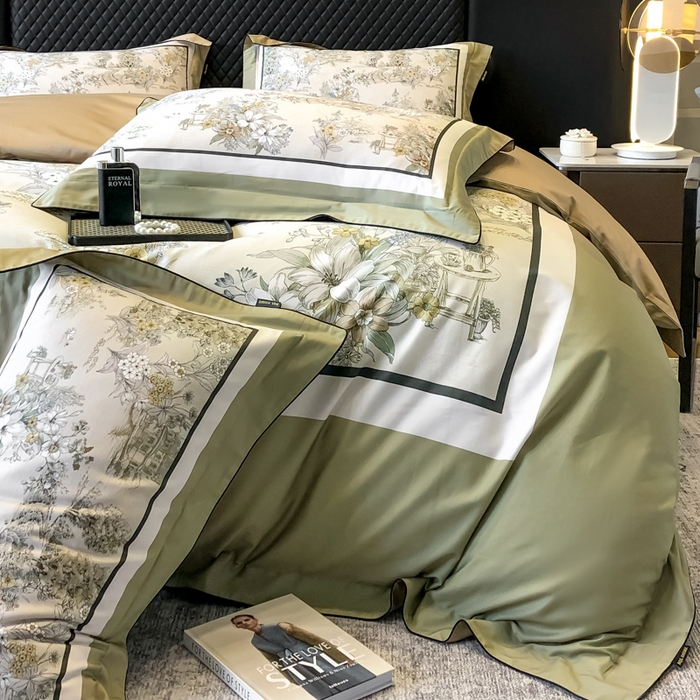 91家纺网 家纺一手货源 找家纺 东方名伶 2024新款50S全棉数码印花长绒棉四件套 浮生若梦-绿