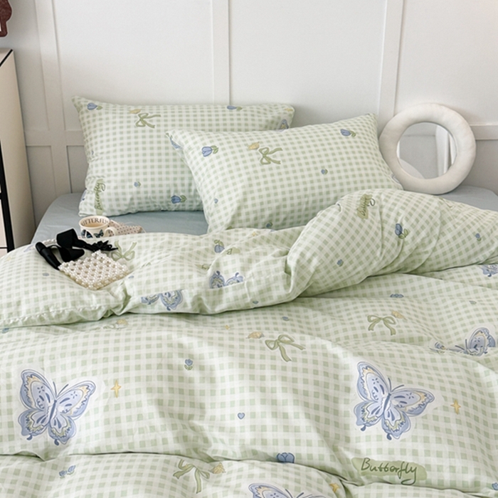 91家纺网 家纺一手货源 找家纺 昔可 2024新款全棉蝴蝶印花系列四件套 绿格琉璃蝴蝶