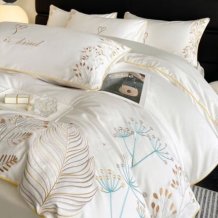 91家纺网 家纺一手货源 找家纺  2024新款100支长绒棉四件套全棉纯棉重工刺绣天丝棉床单床笠款丝滑裸睡床上用品 菲洛拉-典雅白