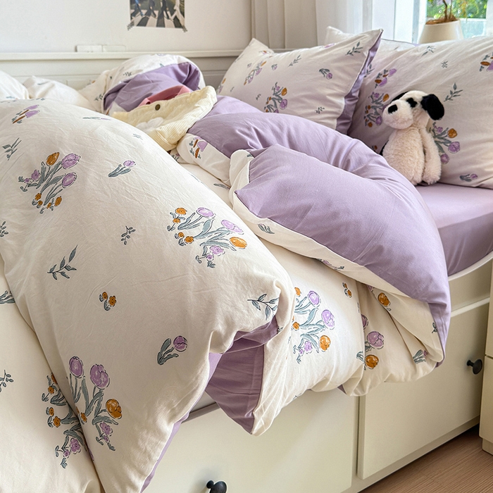 91家纺网 家纺一手货源 找家纺 沐芷 2024微皱超柔手感105g印花水洗棉四件套床上宿舍三件套床单被套 小花园