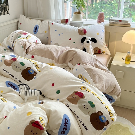 沐芷 2024微皱超柔手感105g印花水洗棉四件套床上宿舍三件套床单被套 复古小熊