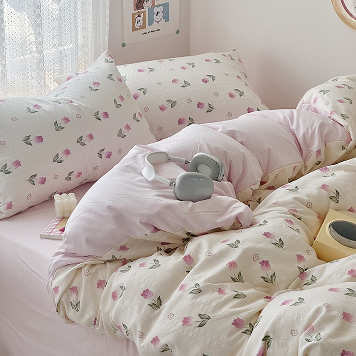 91家纺网 家纺一手货源 找家纺 希丞家居 2024新款小清新高克重提花水洗棉四件套（提供买家秀） 郁金香