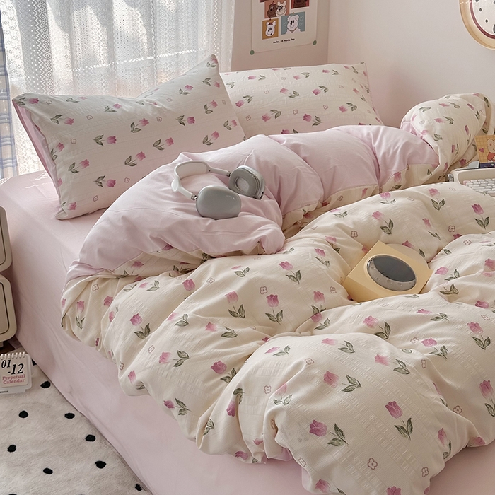 91家纺网 家纺一手货源 找家纺 希丞家居 2024新款小清新高克重提花水洗棉四件套（提供买家秀） 郁金香