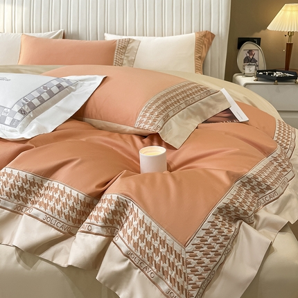 91家纺网 家纺一手货源 找家纺  60支贡缎长绒棉四件套2023新款全棉纯棉千鸟格刺绣床单被套新疆棉100支床上用品床笠款 千鸟格-中古橙