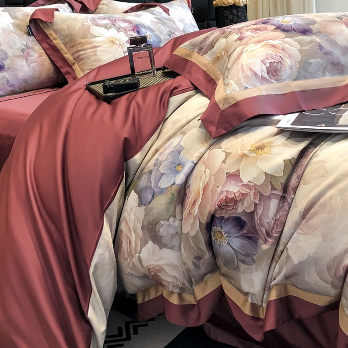 91家纺网 家纺一手货源 找家纺 东方名伶 2024新款50S全棉数码印花长绒棉四件套 玫瑰物语-红