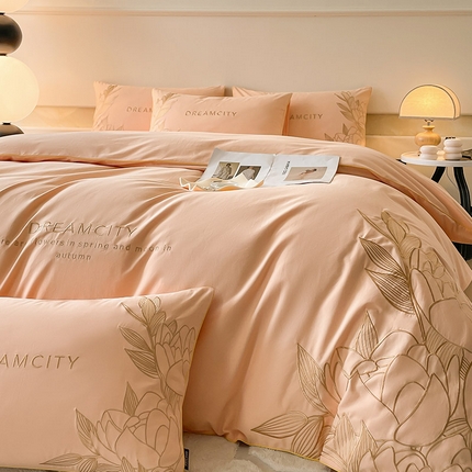 91家纺网 家纺一手货源 找家纺  【提供检测报告】A类母婴级全棉加厚保暖磨毛四件套纯棉高精密刺绣长绒棉床上用品轻奢风 芙蓉-海棠红