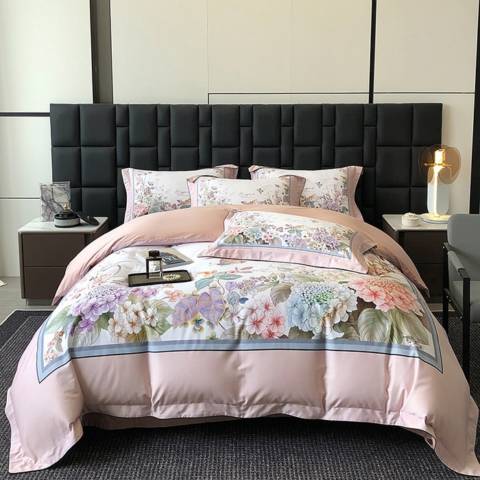 91家纺网 家纺一手货源 找家纺 东方名伶 2024新款50S全棉数码印花长绒棉四件套 静若幽兰-粉