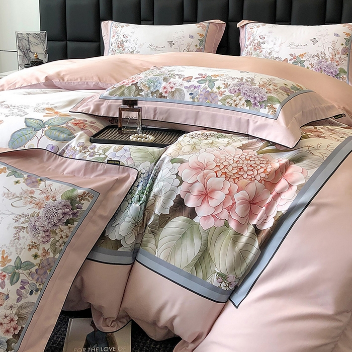 91家纺网 家纺一手货源 找家纺 东方名伶 2024新款50S全棉数码印花长绒棉四件套 静若幽兰-粉