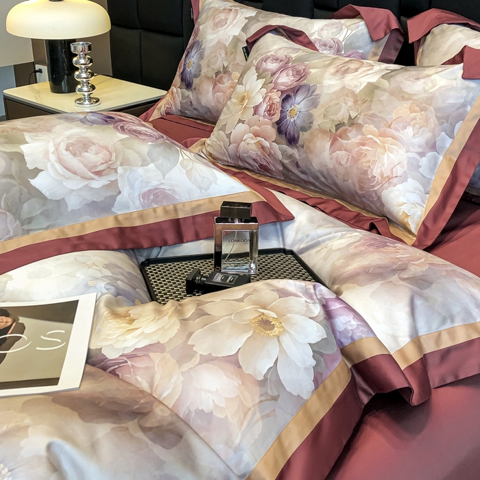 91家纺网 家纺一手货源 找家纺 东方名伶 2024新款50S全棉数码印花长绒棉四件套 玫瑰物语-红