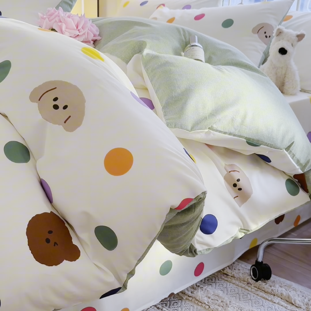 91家纺网 家纺一手货源 找家纺 名兮 2024新款全棉亲肤印花四件套 波点小熊