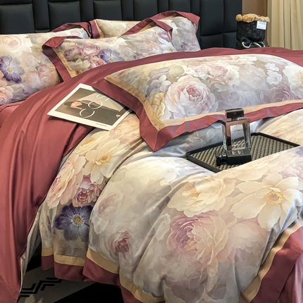 东方名伶 2024新款50S全棉数码印花长绒棉四件套 玫瑰物语-红