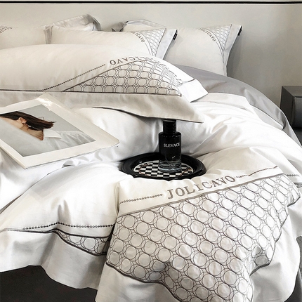  【高奢定制】100支新疆贡缎长绒棉重工刺绣轻奢酒店风床单床笠床盖款春夏季床上用品 圣卡洛-奶昔白