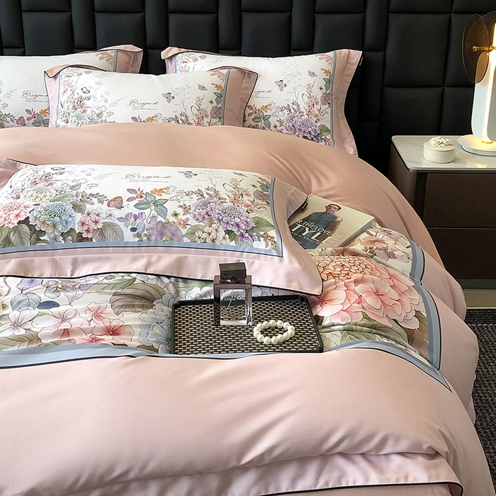 91家纺网 家纺一手货源 找家纺 东方名伶 2024新款50S全棉数码印花长绒棉四件套 静若幽兰-粉