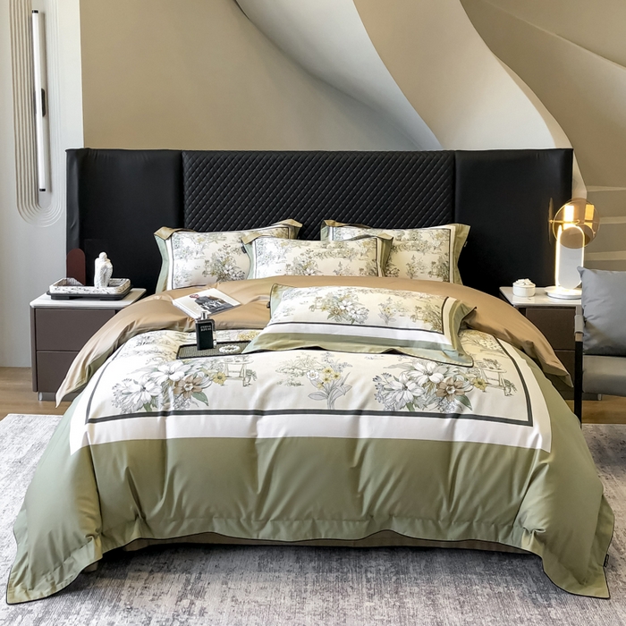 91家纺网 家纺一手货源 找家纺 东方名伶 2024新款50S全棉数码印花长绒棉四件套 浮生若梦-绿