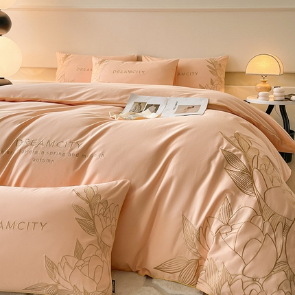  【提供检测报告】A类母婴级全棉加厚保暖磨毛四件套纯棉高精密刺绣长绒棉床上用品轻奢风 芙蓉-海棠红