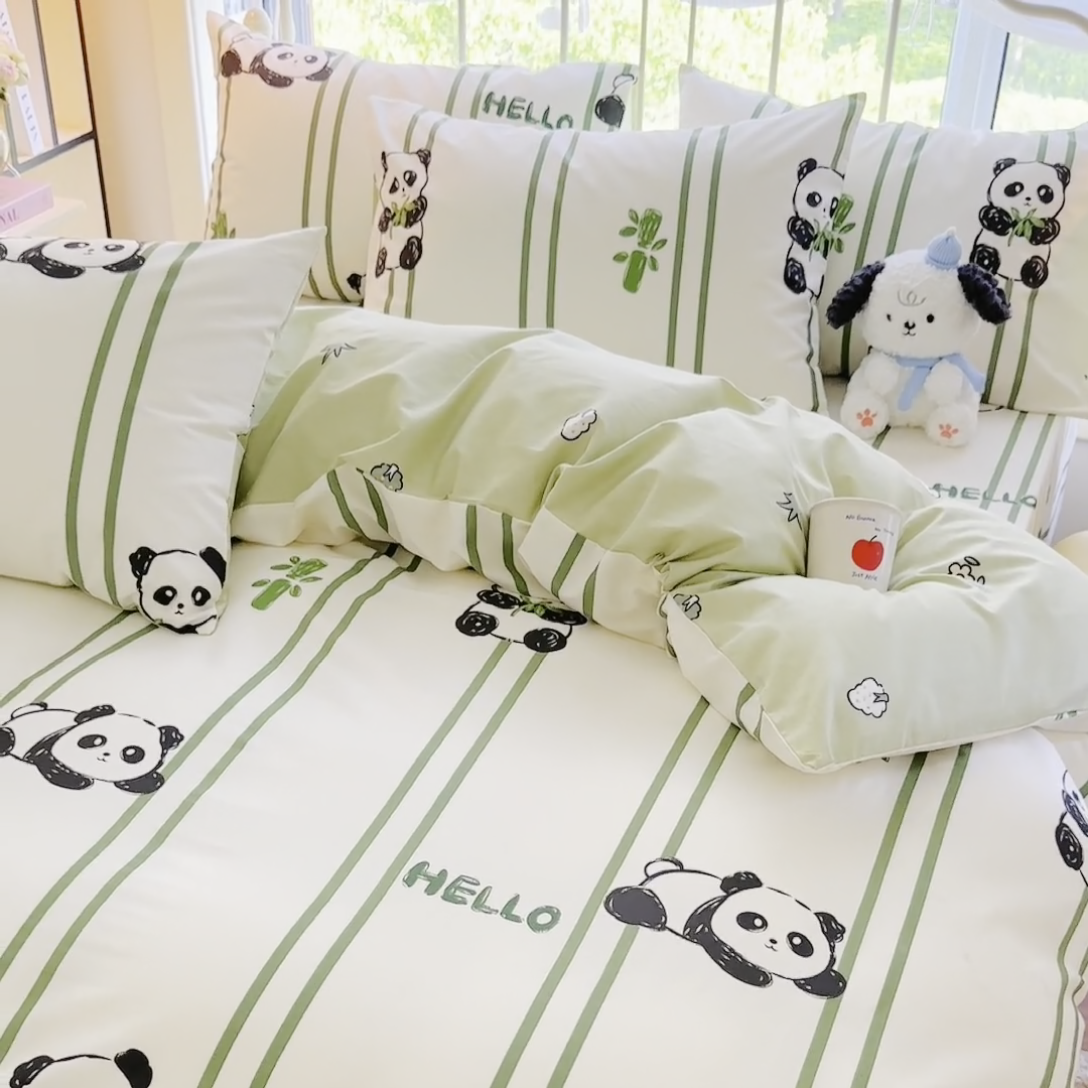 91家纺网 家纺一手货源 找家纺 名兮 2024新款全棉亲肤印花四件套 呆萌熊猫