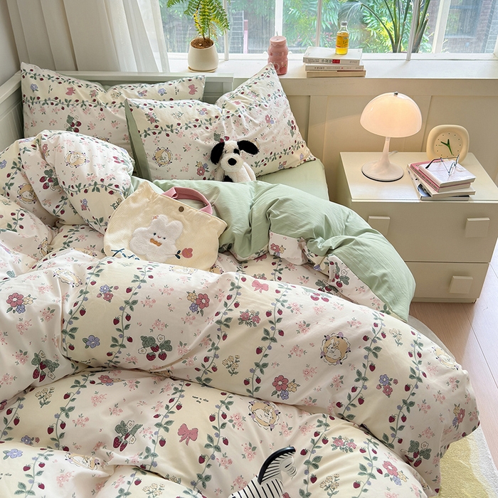 91家纺网 家纺一手货源 找家纺 沐芷 2024微皱超柔手感105g印花水洗棉四件套床上宿舍三件套床单被套 奶味圆饼