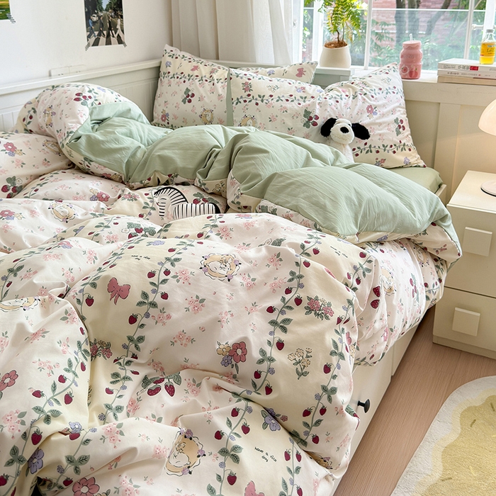 91家纺网 家纺一手货源 找家纺 沐芷 2024微皱超柔手感105g印花水洗棉四件套床上宿舍三件套床单被套 奶味圆饼